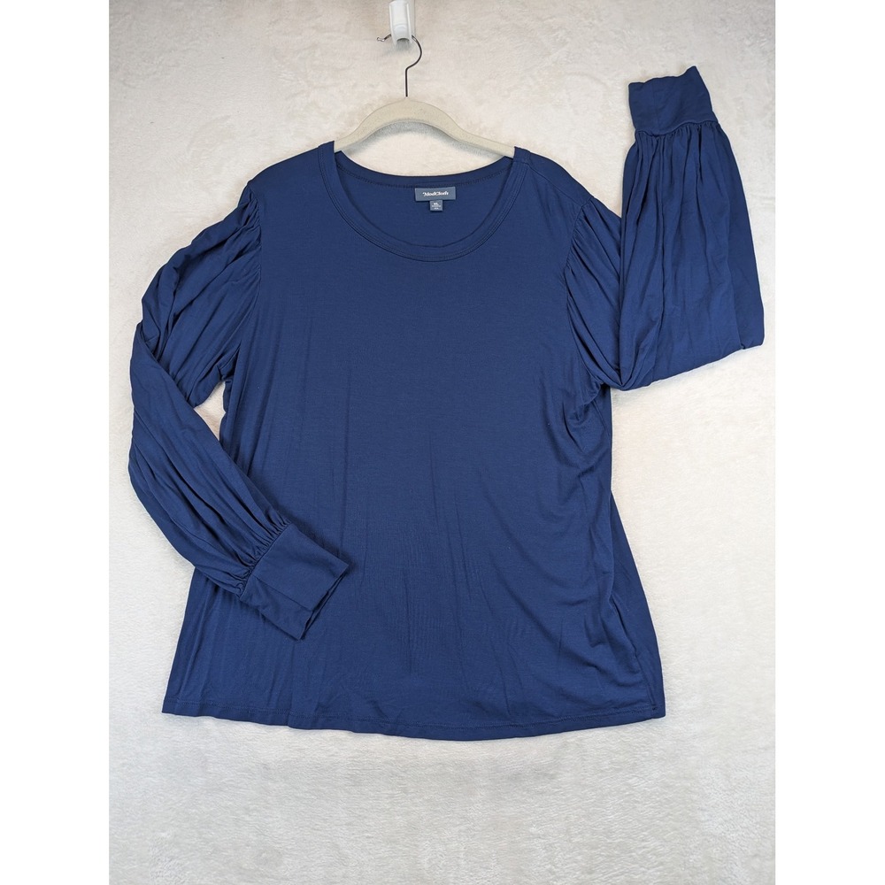 ModCloth Womens XL Navy Blue Puff Long Sleeve Crew Neck Rayon Spandex Top 20310